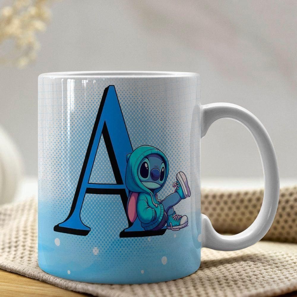 Caneca De Porcelana Stitch Letras A-z 325ml Azul A