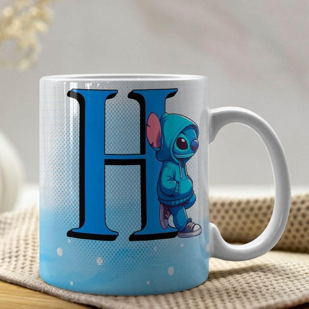 Caneca De Porcelana Stitch Letras A-z 325ml Azul H