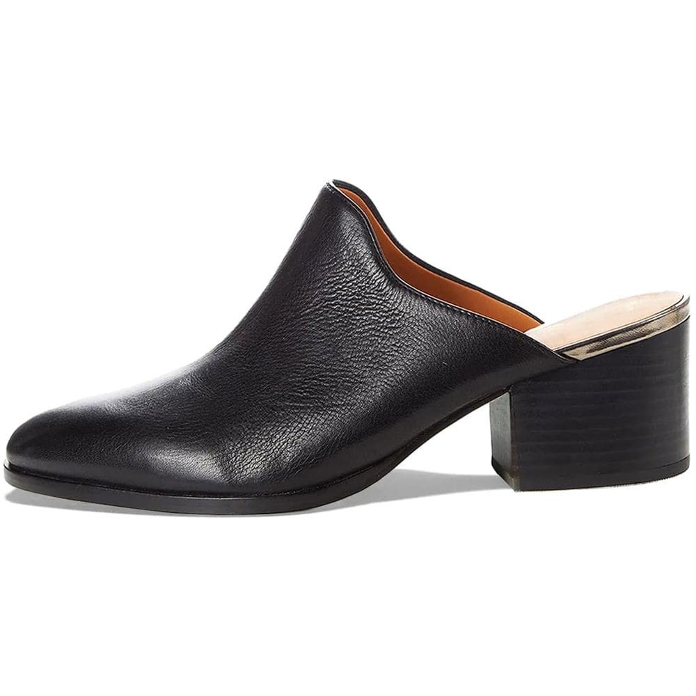Sandal Mules Dystralix, couro preto, salto alto, 5 cm