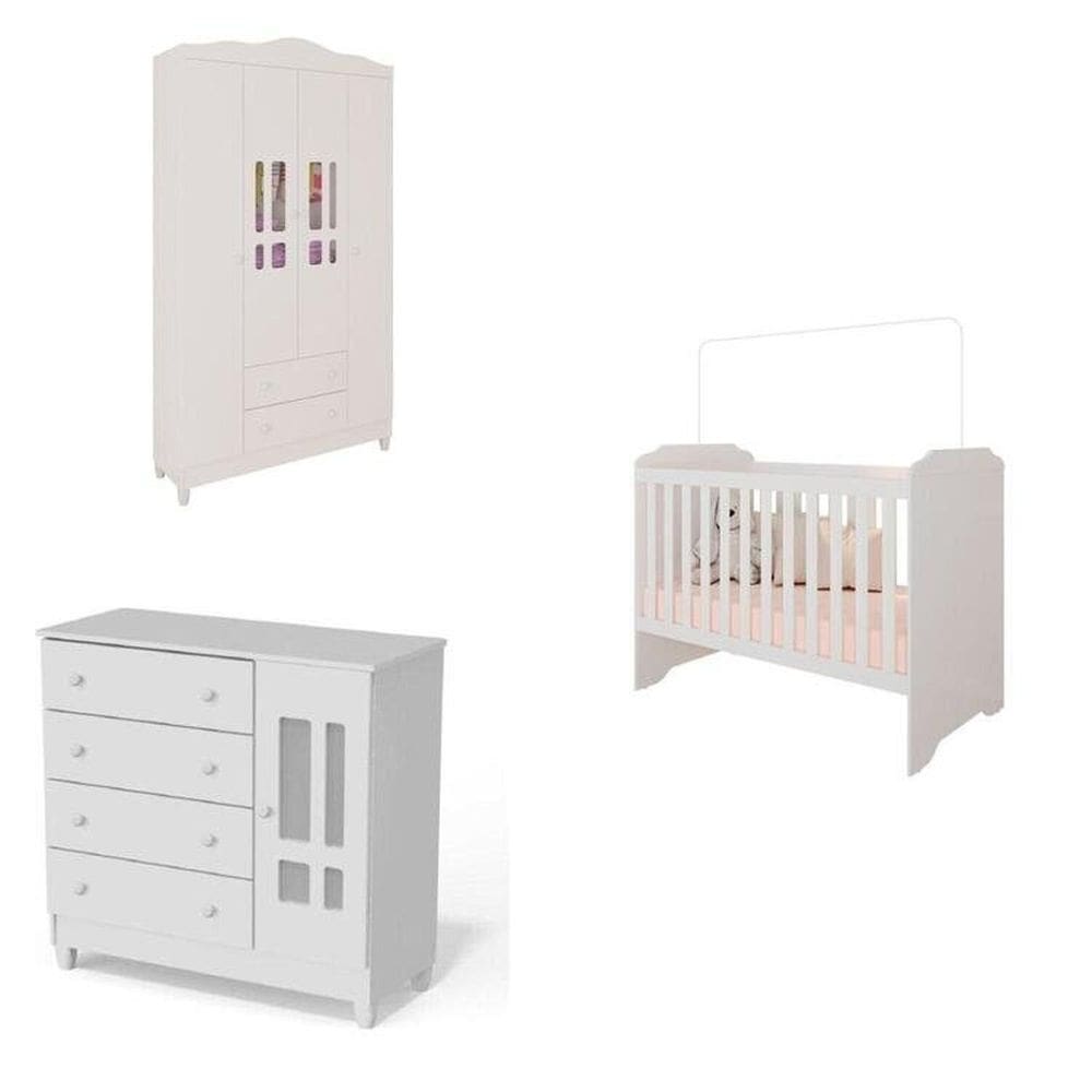 Conjunto de Quarto Infantil Guarda-Roupa de Bebê 4 Portas, Cômoda Infantil e Berço Mel Branco