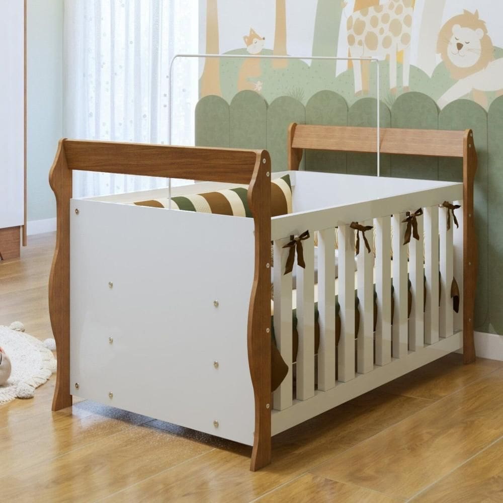 Berço 3 em 1 com Regulagem de Altura 100% MDF Star Branco/Amadeirado