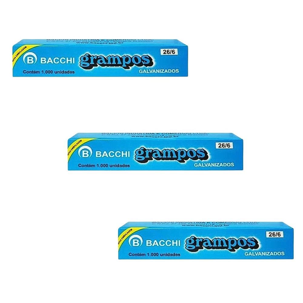Kit 03 Grampo Para Grampeador 26/6 Galvanizado Caixa 1000 Unidades Bacchi