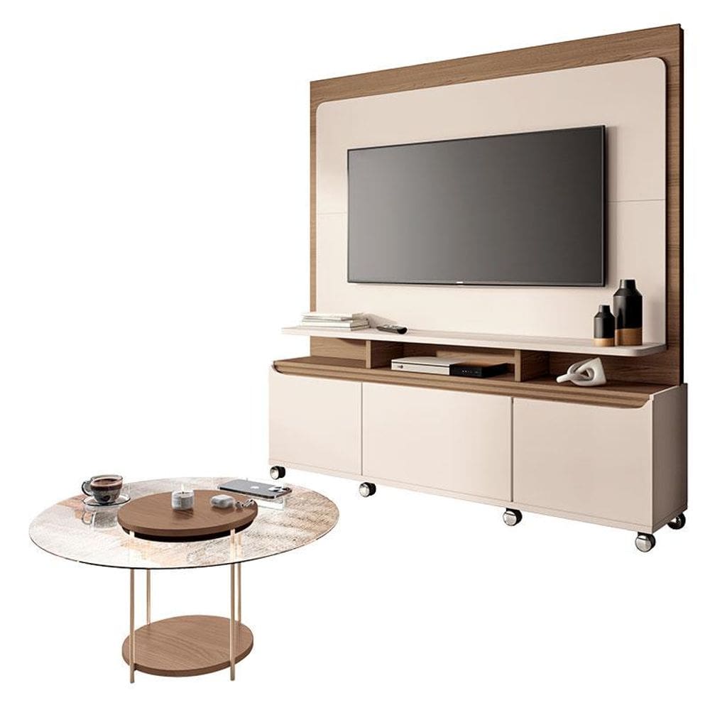 Estante Home Theater Quantum e Mesa de Centro Sky com Tampo de Vidro Off White Castanho- HB Móveis