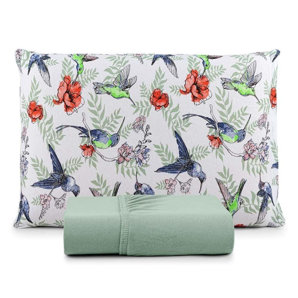 Jogo De Lençol Luar Solteiro 2 Peças Malha 100% Algodão Estampado Verde Birds