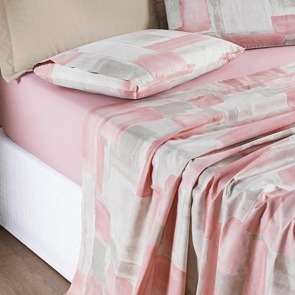 Jogo De Cama Lençol Maggy Casal 4 Peças Percale 200 Fios Estampado Quadri Rosa 80% Algodão - 20% Poliéster