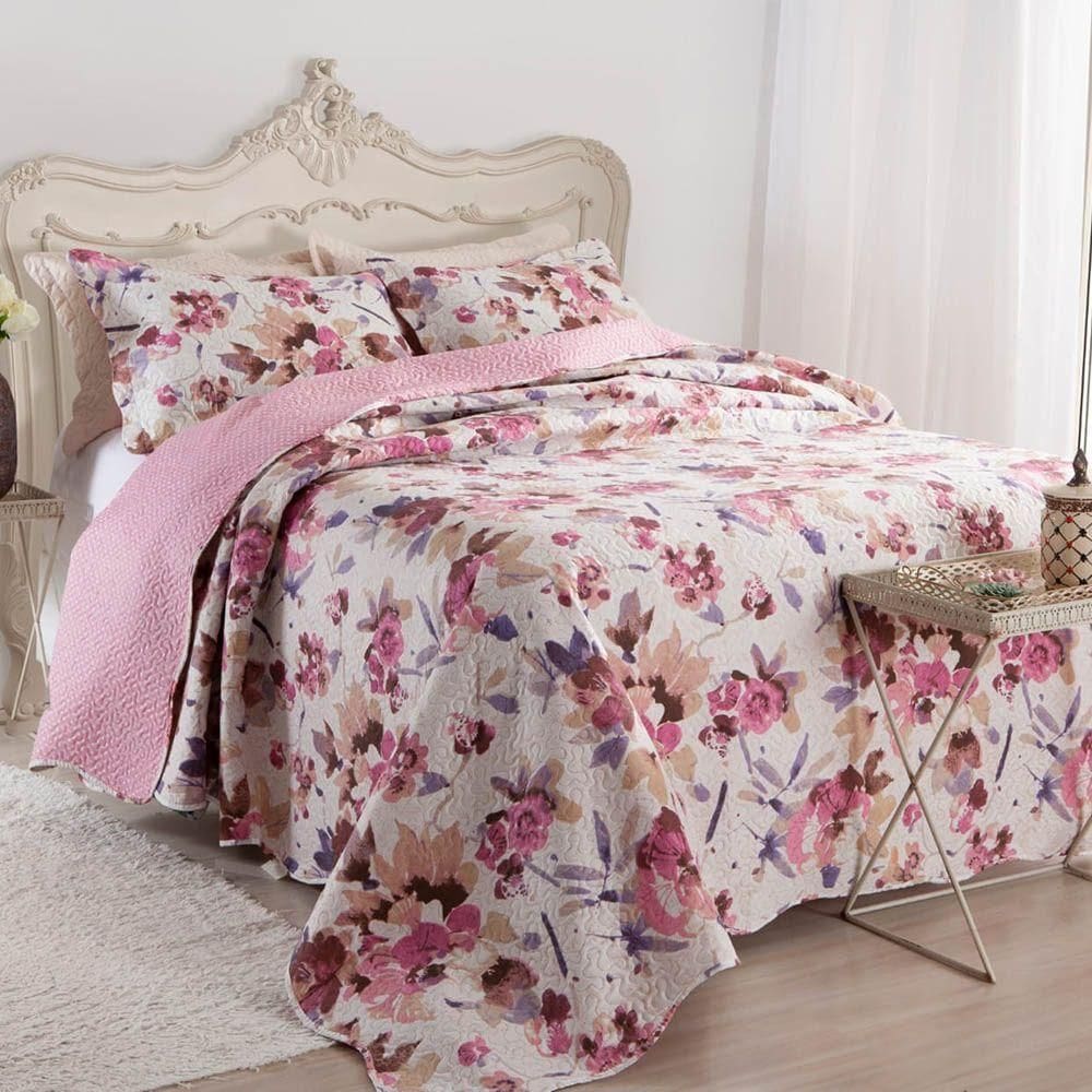 Kit Cobre Leito Colcha Daily Queen 3 Peças Dupla Face Estampado Floral Floral 4 100% Poliéster