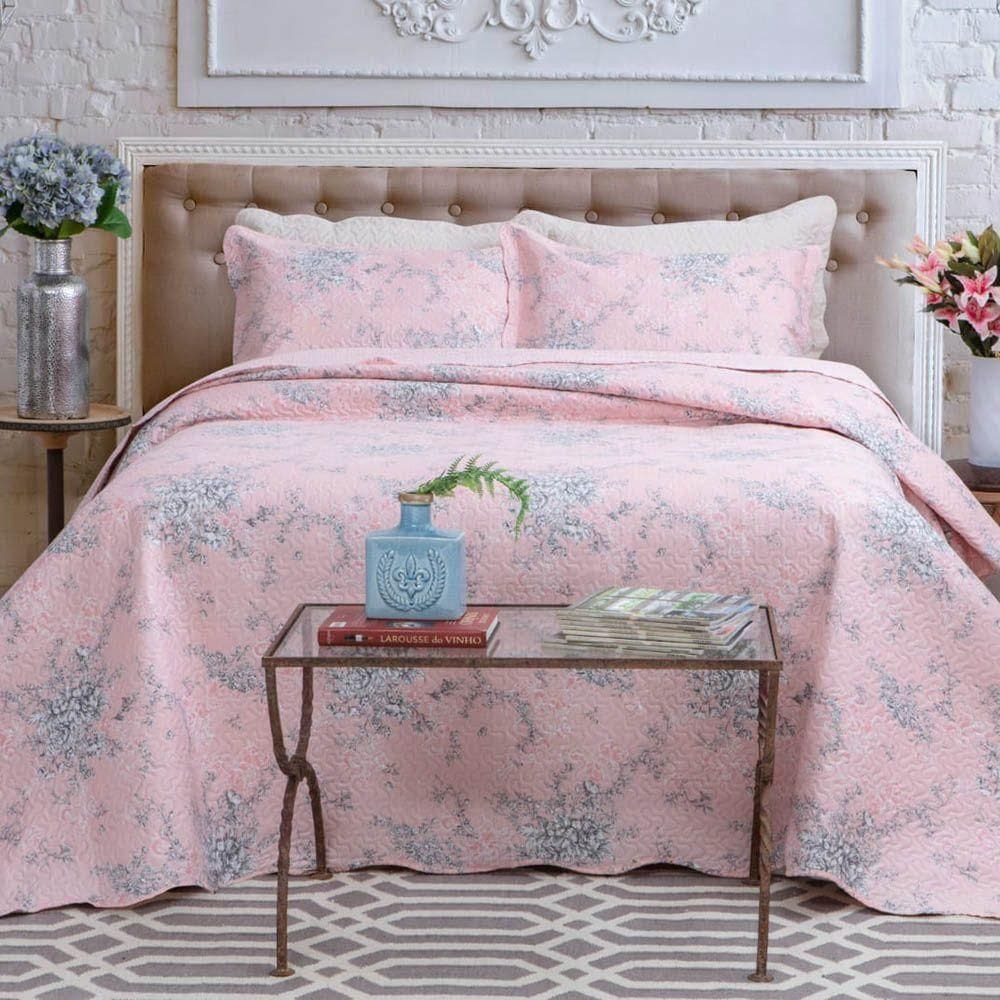 Kit Cobre Leito Colcha Daily Casal 3 Peças Dupla Face Estampado Floral Floral 3 Rosa 100% Poliéster