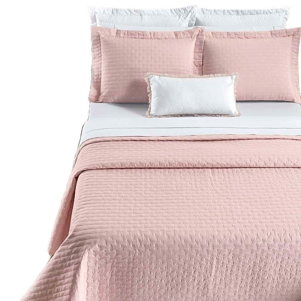 Kit Cobre Leito Colcha Quality King 3 Peças Percale 200 Fios Bordado Rosa 100% Poliéster
