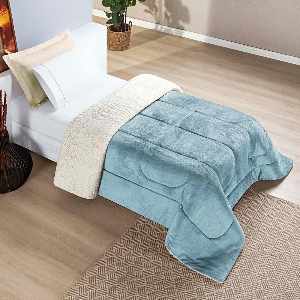Coberdrom Diamond Solteiro Sherpa Com Manta Flannel 01 Peça Azul Quartzo 100% Poliéster
