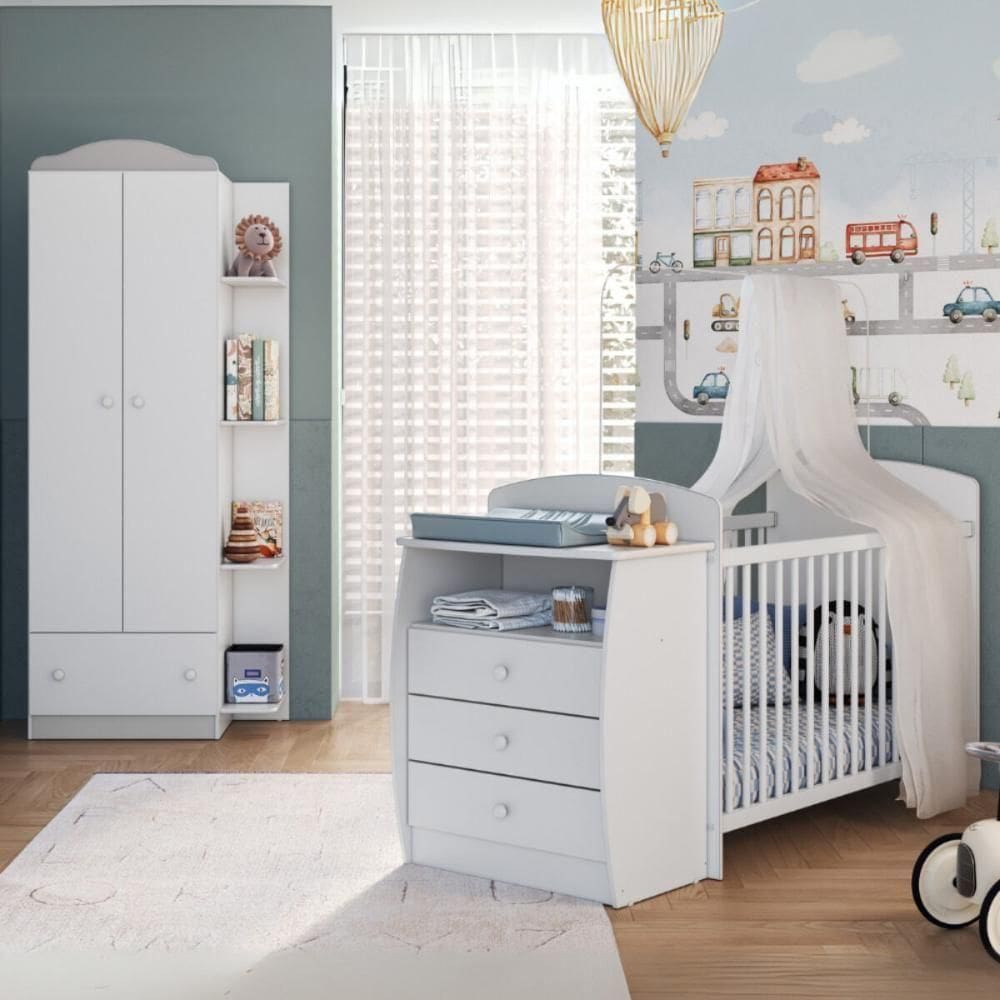Berço Cômoda Com Guarda-roupa 2 Portas 1 Gaveta Multimóveis Mp4347 Branco/colorido
