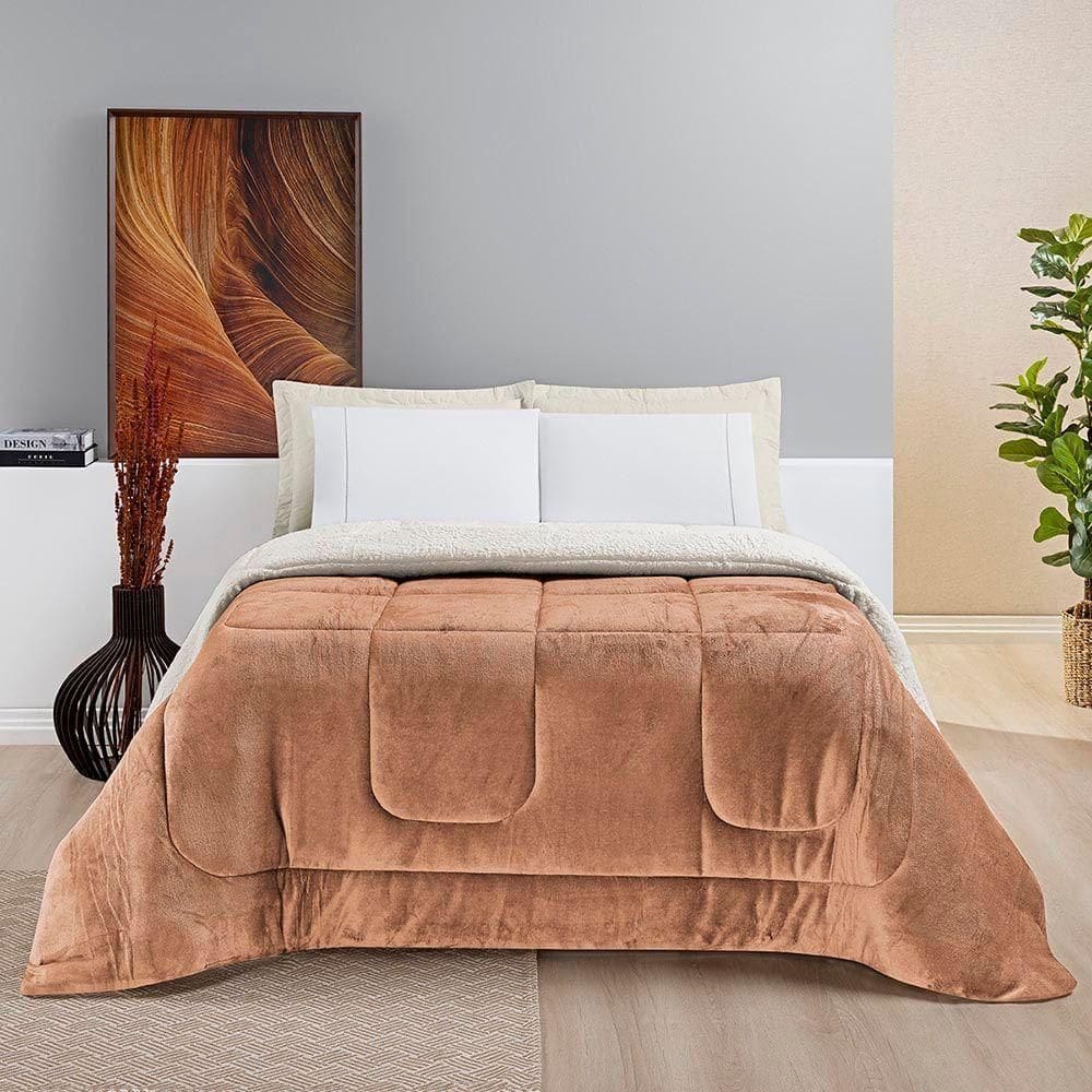 Coberdrom Diamond Casal Queen Sherpa Com Manta Flannel 01 Peça Caramelo Apricot 100% Poliéster