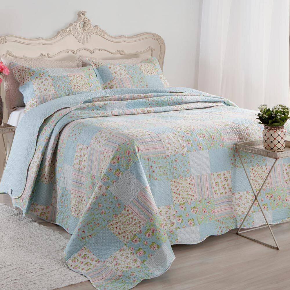 Kit Cobre Leito Colcha Daily Casal 3 Peças Dupla Face Estampado Floral Patchwork Azul 10 100% Poliéster