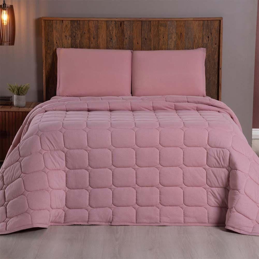 Kit Cobre Leito Colcha Minimal Casal 3 Peças Malha 100% Algodão Rose