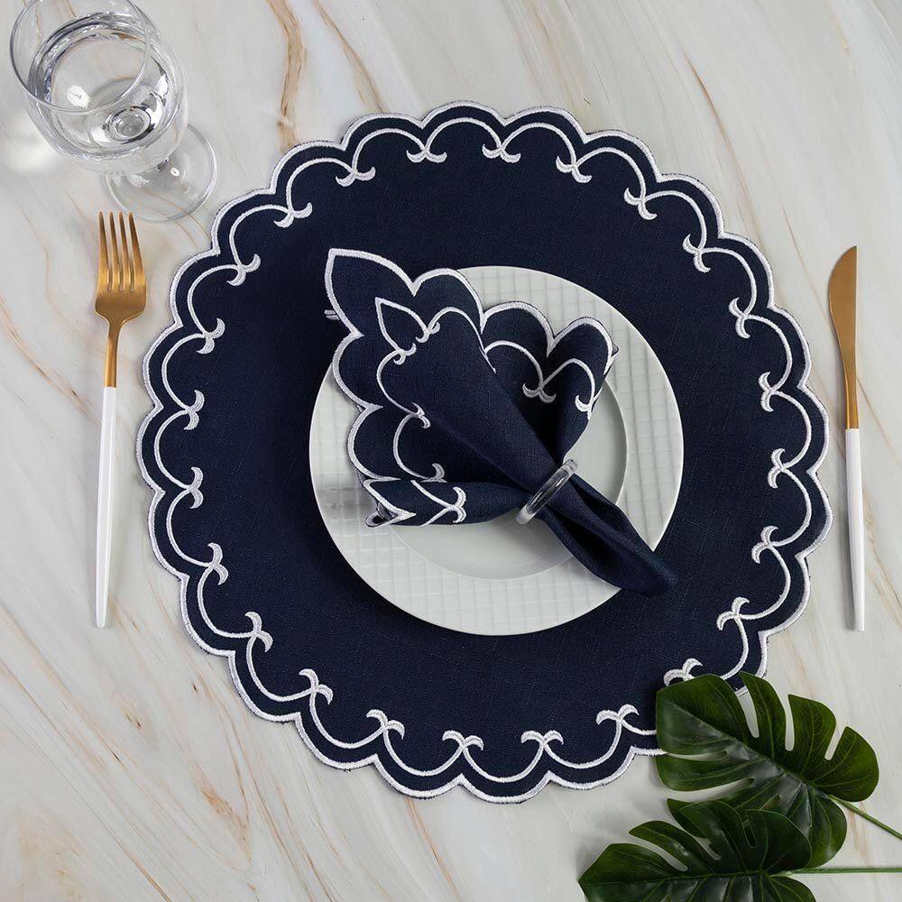 Jogo De Guardanapos Sousplat Americano 12 Peças Bordado Decorativo Sparta Azul Marinho 100% Poliéster