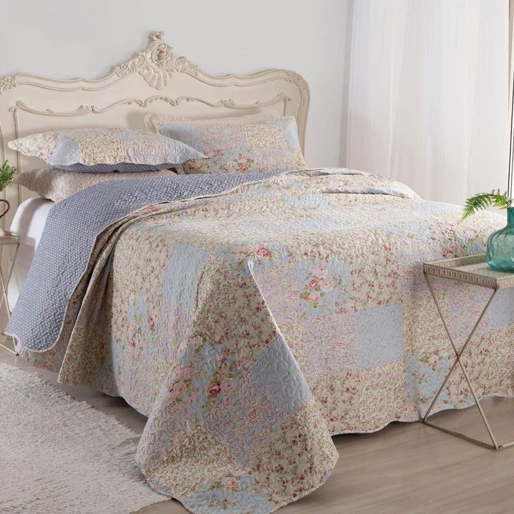 Kit Cobre Leito Colcha Daily Queen 3 Peças Dupla Face Estampado Floral Patchwork 14 100% Poliéster