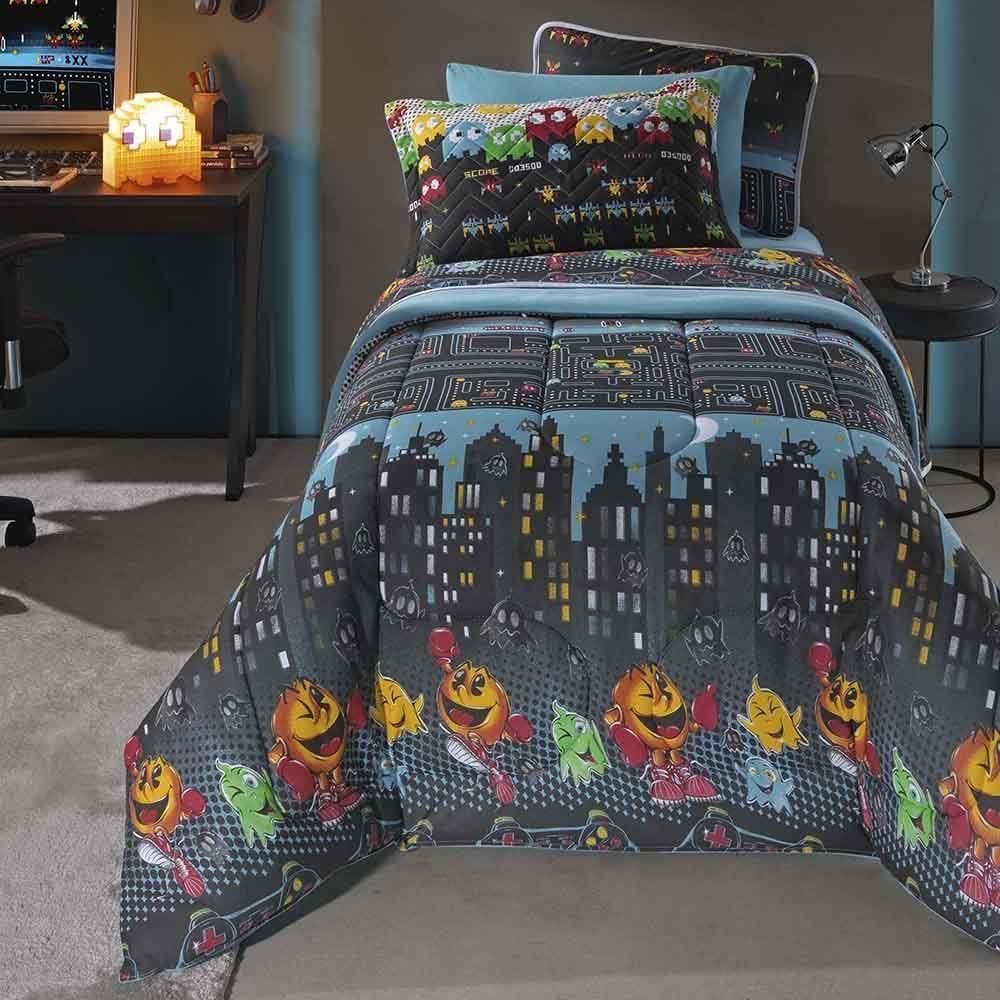 Kit Edredom Alegria Dupla Face Solteiro 2 Peças Malha Estampada 100% Algodão Video Game