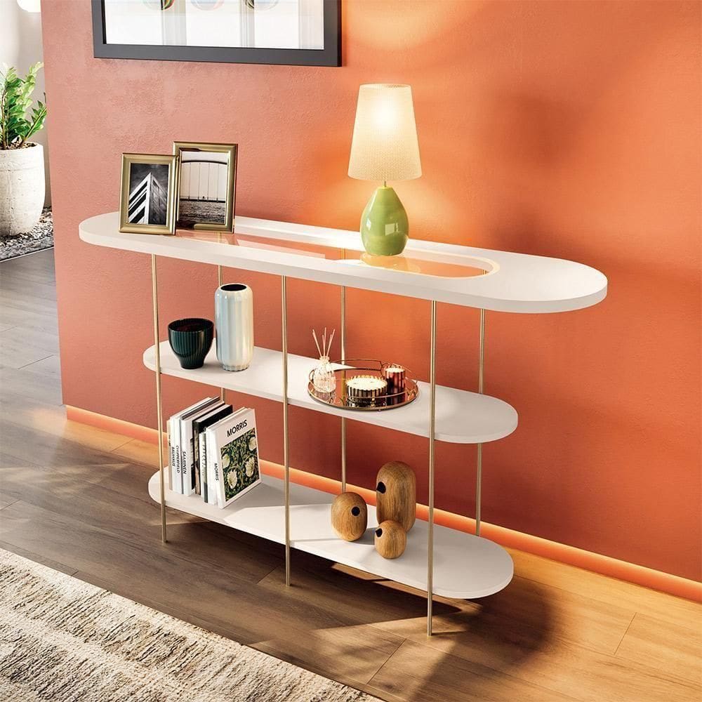 Aparador Decorativo Sala De Estar Walker Pés Em Aço Tampo Vidro Off White G26 - Gran Belo