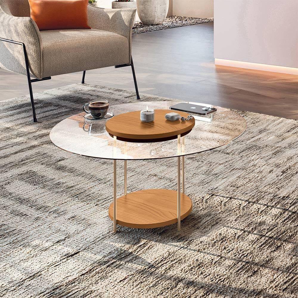 Mesa De Centro Decorativa Sala De Estar Walker Pés De Aço Tampo Vidro Cinamomo G26 - Gran Belo