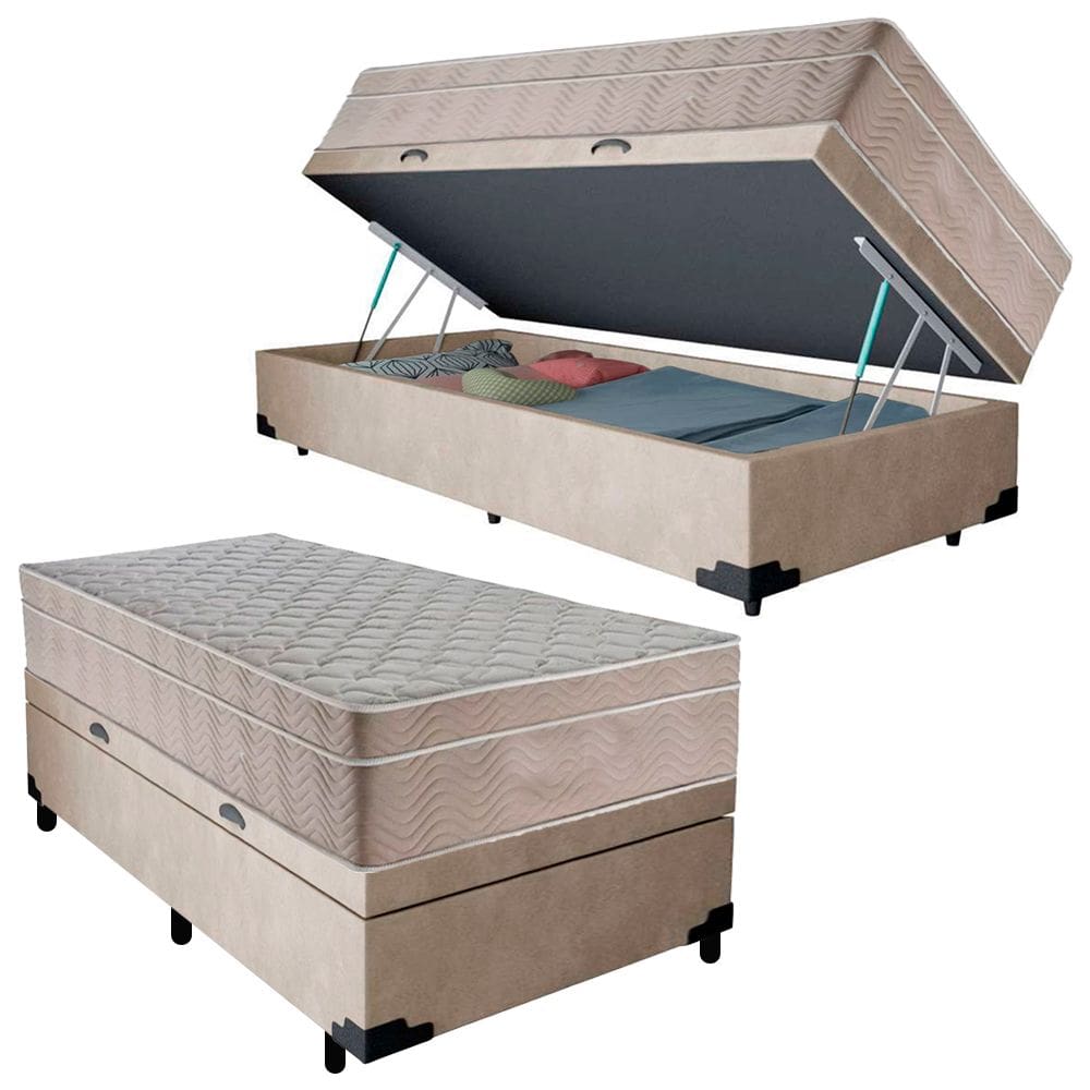 Cama Box Baú Suede Solteiro + Colchão SerenePrime Molas Ensacadas 88x188x69