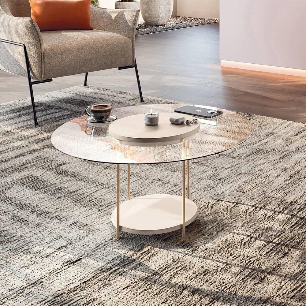 Mesa De Centro Decorativa Sala De Estar Walker Pés De Aço Tampo Vidro Off White G26 - Gran Belo