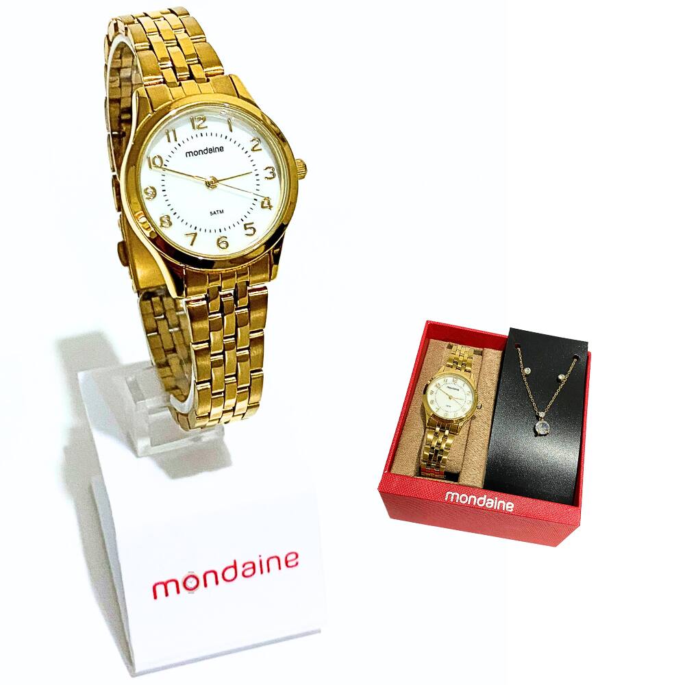 Relógio Feminino Dourado Mondaine Kit Com Semijoia 32796LPMKDE1K1