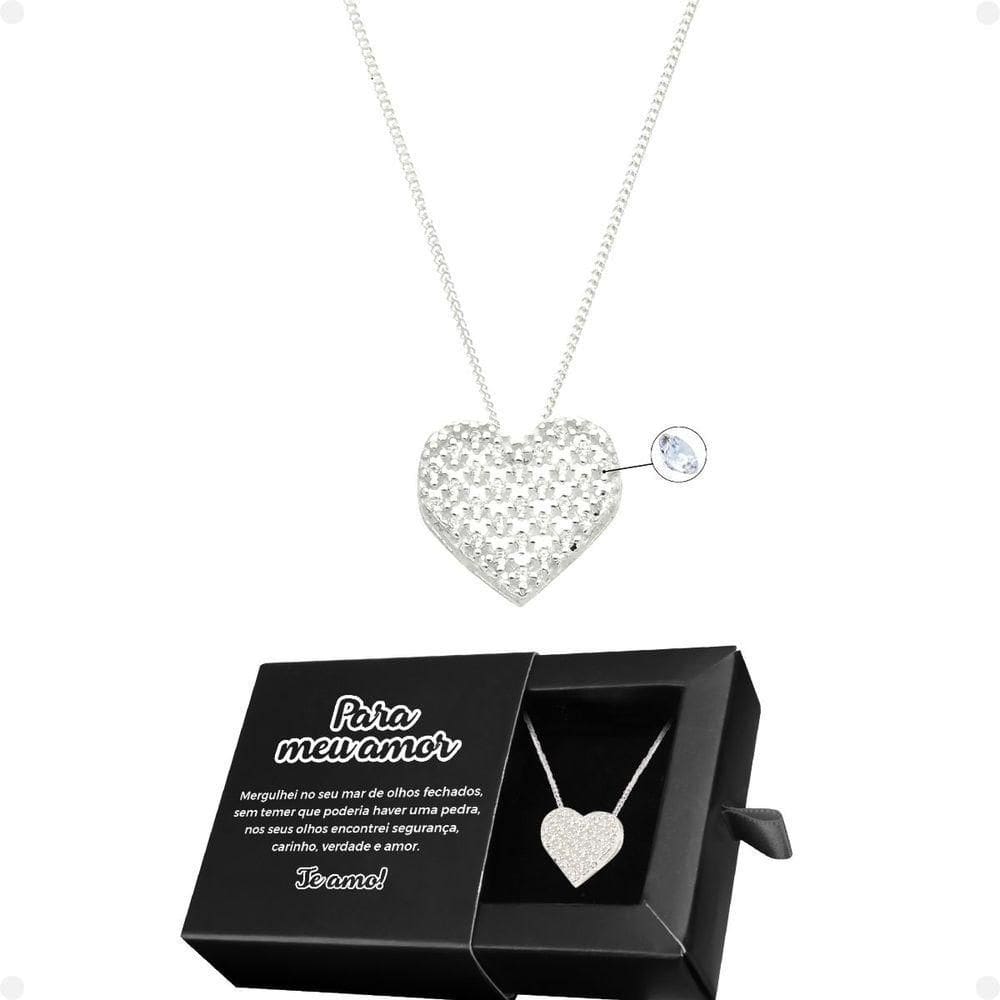 Colar Aço Feminino Pingente Amor Coração Strass Caixa