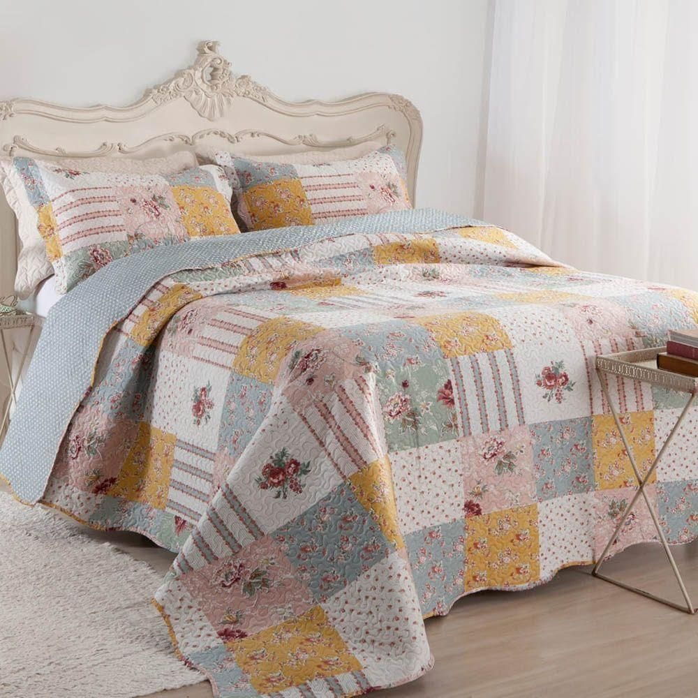 Kit Cobre Leito Colcha Daily King 3 Peças Dupla Face Estampado Floral Patchwork 15 100% Poliéster