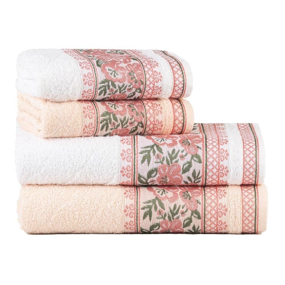 Jogo Toalhas De Banho Fio Penteado 4 Peças Jacquard Nice Vanilla + Branco