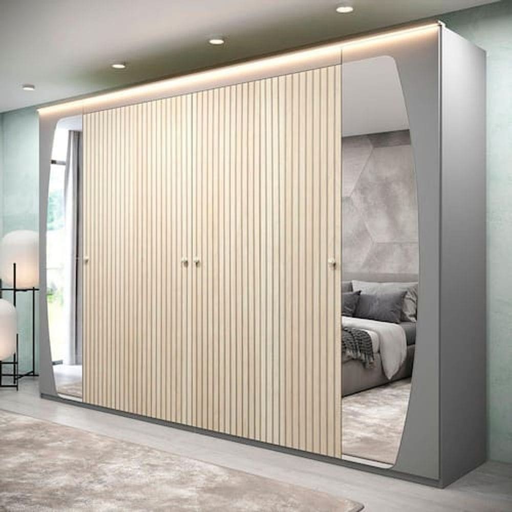 Guarda Roupa Casal com Efeito Ripado, Espelho e LED 6 Portas 6 Gavetas Inovação Gelius Móveis Cinza/Off White Ripado