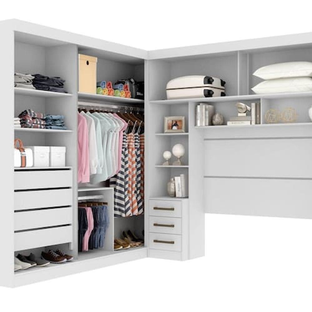 Guarda Roupa Casal com Cabeceira Queen 4 Portas de Correr 3 Gavetas Florença Espresso Móveis - Branco