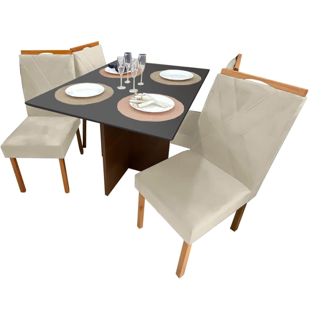 Mesa de Jantar Helo 120x90cm em Linho com 4 Cadeiras California Poliman Cor Grafite com Assento Bege