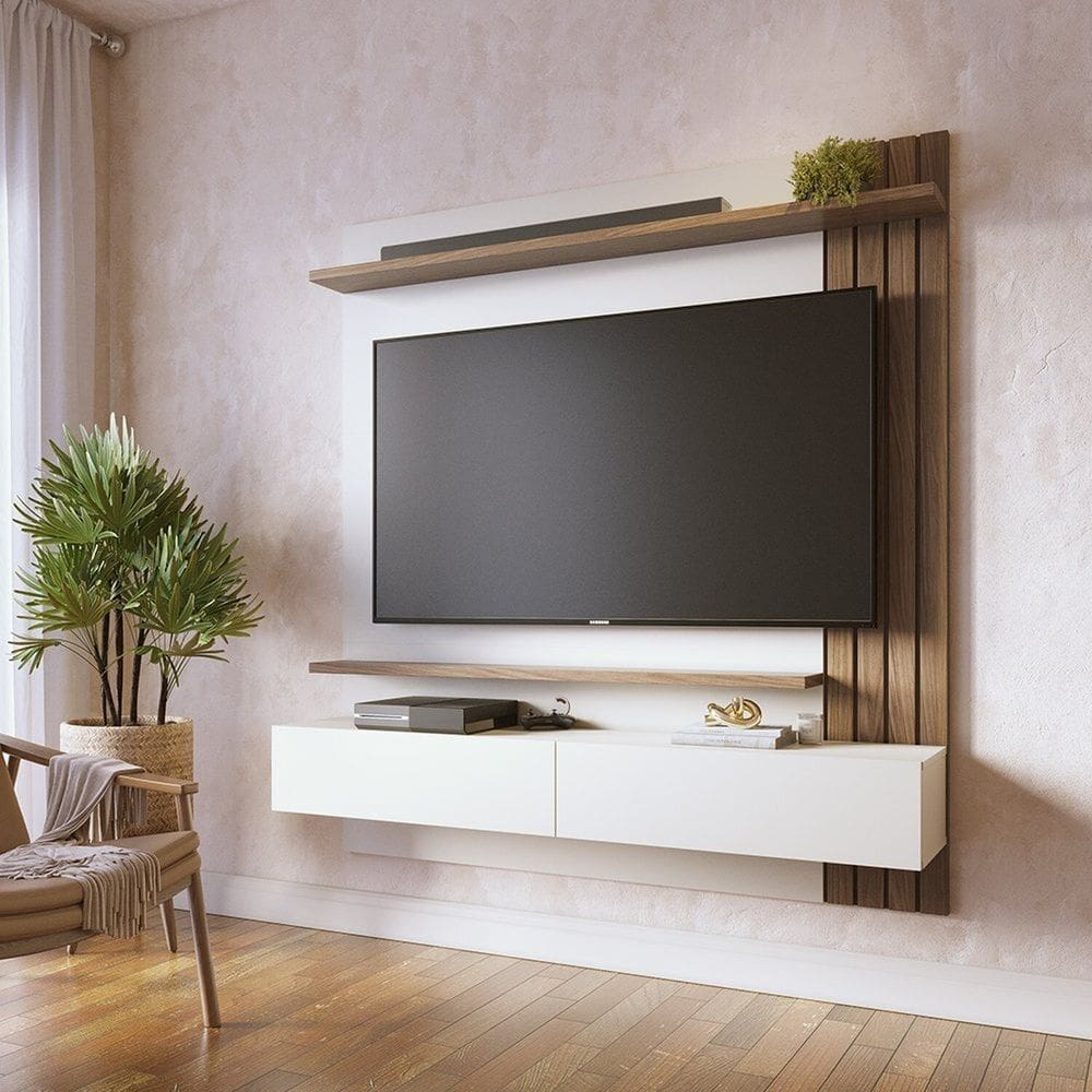 Painel para Tv até 65 Polegadas 02 Portas Basculantes 02 Prateleiras Juriti Amendoa / off white