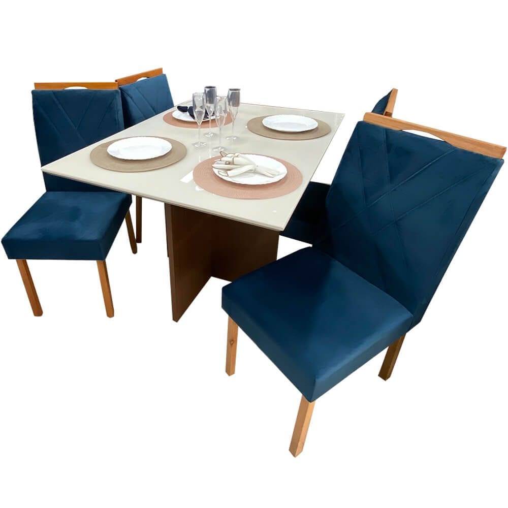 Mesa de Jantar Helo 120x90cm em Linho com 4 Cadeiras California Poliman Cor Off White com Assento Azul