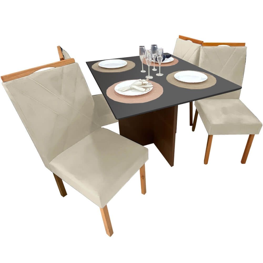 Mesa de Jantar Helo 90x90cm em Linho com 4 Cadeiras California Poliman Cor Grafite com Assento Bege