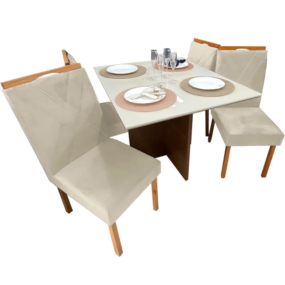 Mesa de Jantar Helo 90x90cm em Linho com 4 Cadeiras California Poliman Cor Off White com Assento Bege