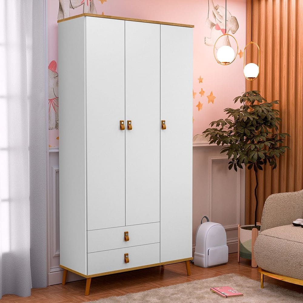 Guarda-Roupa Infantil 3 Portas e 2 Gavetas Jujuba Branco/Marrom