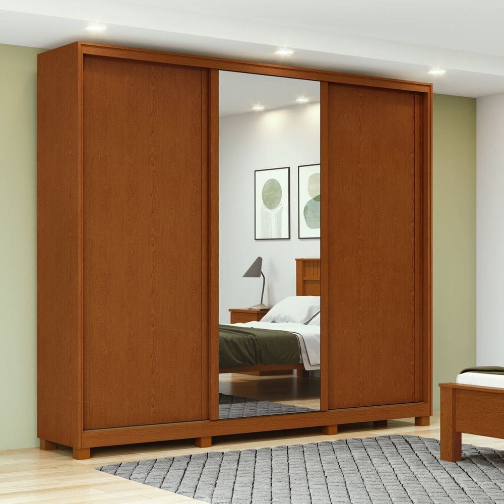 Guarda-Roupa 3 Portas 4 Gavetas 100% MDF 1 Porta Glass com Pés Forma Frassino/Off White
