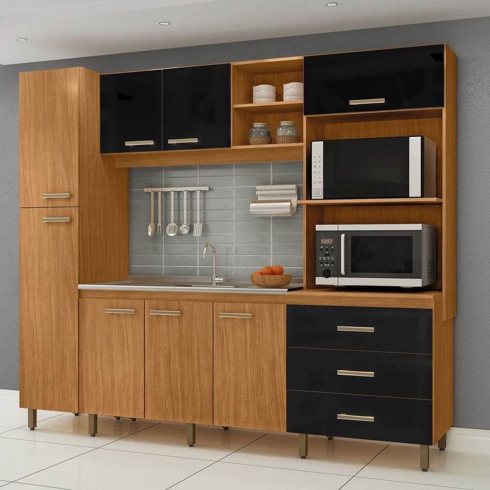 Cozinha Compacta 8 Portas e 3 Gavetas Vitória Freijó/Preto