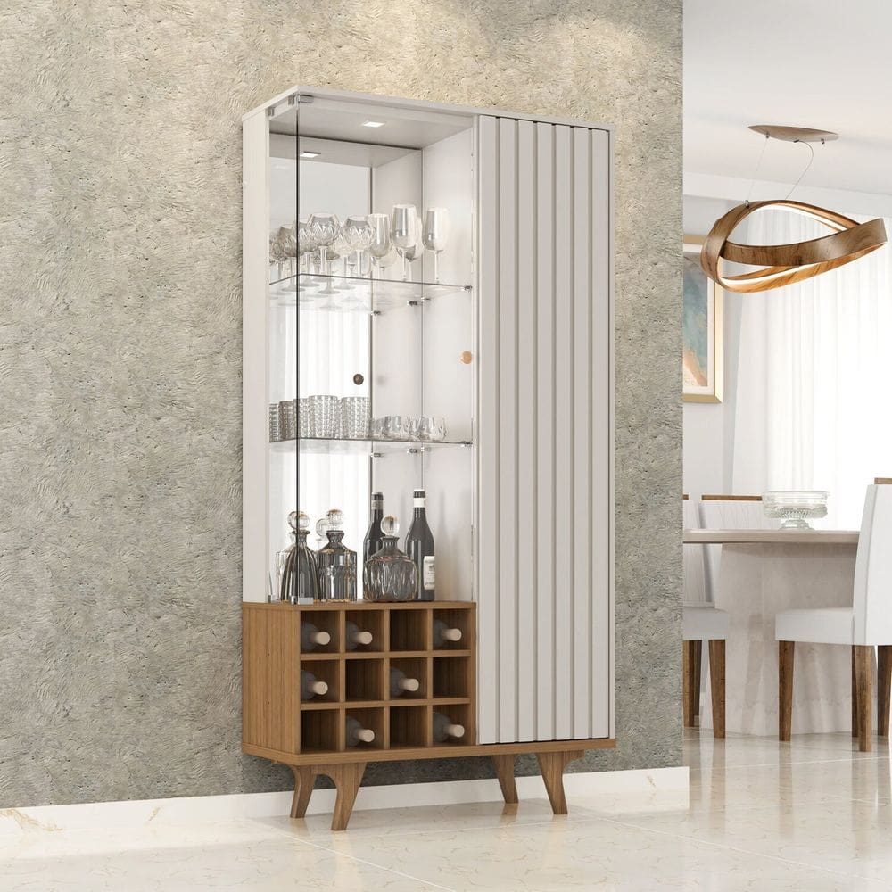 Cristaleira Elba Ripado Real Portas de Vidro Pés de Madeira Maciça 12 Nichos Garrafeiros Off-White/Cinamomo