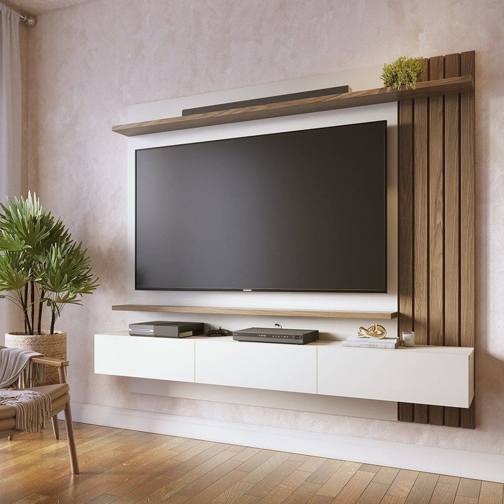 Painel para Tv até 70 Polegadas 3 Portas Basculantes 2 Prateleiras Juriti Amêndoa / Off White Matte