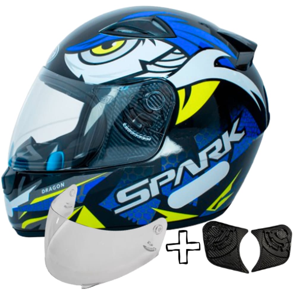 Capacete Masculino Ebf Dragon Azul Mais Kit Viseira Cristal e Reparo