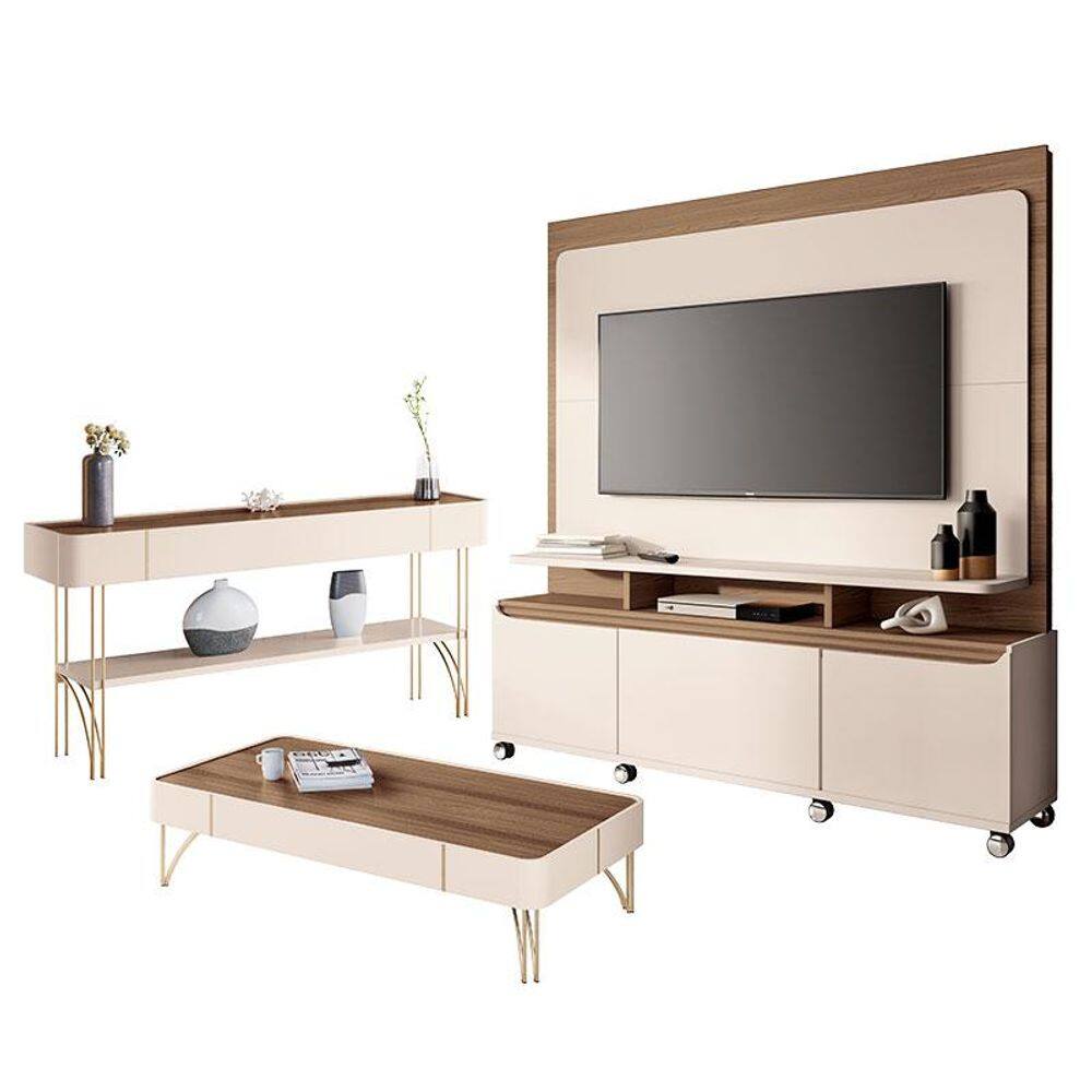 Estante Home Theater Quantum e Aparador Vivant e Mesa de Centro Cadenza Off White Castanho– HB Móveis