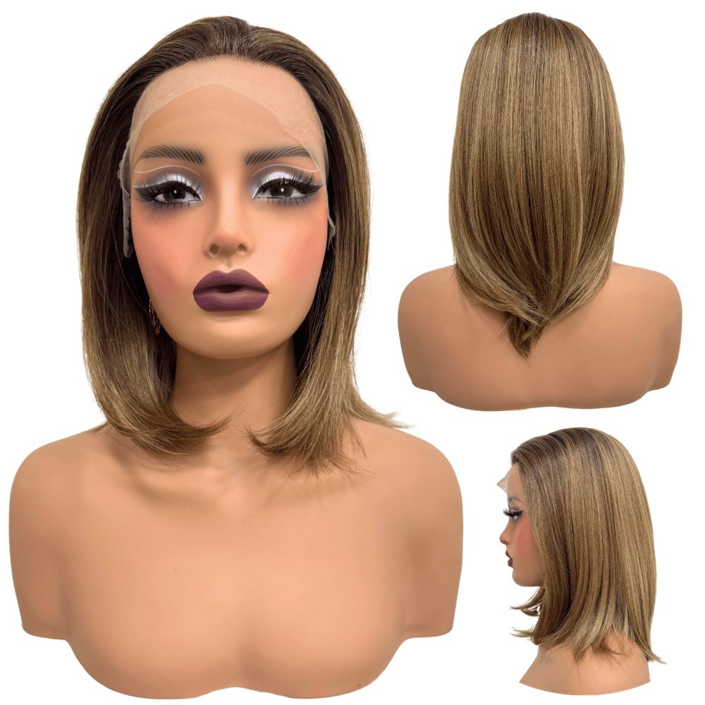 Peruca front lace media curta 13x1 loira mechada RL8/30