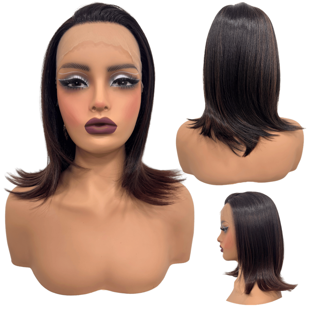 Peruca front lace media curta 13x1 castanho mechas T1B/33
