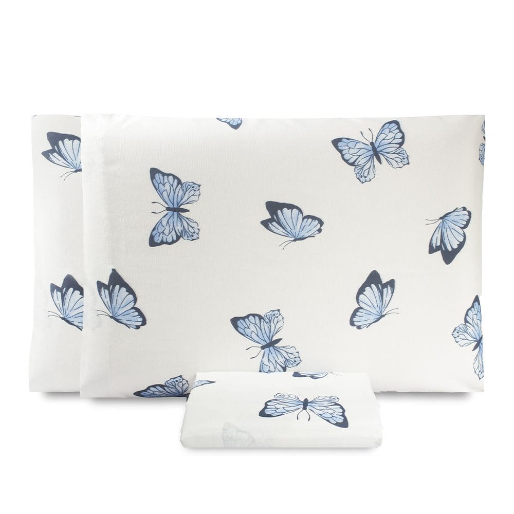 Jogo de Lençol King Essencialle 150 Fios 3 Peças - Borboletas Azuis - 67% Algodão 33% Poliéster