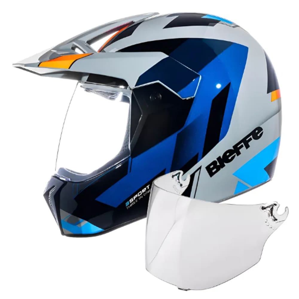 Capacete 3 Sport React Cinza Moon Laranja Azul Mais Viseira Cristal