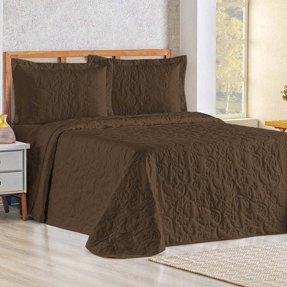 Cobre Leito Queen Bouti Mavie Floral 180 Fios 3 Peças - Tabaco