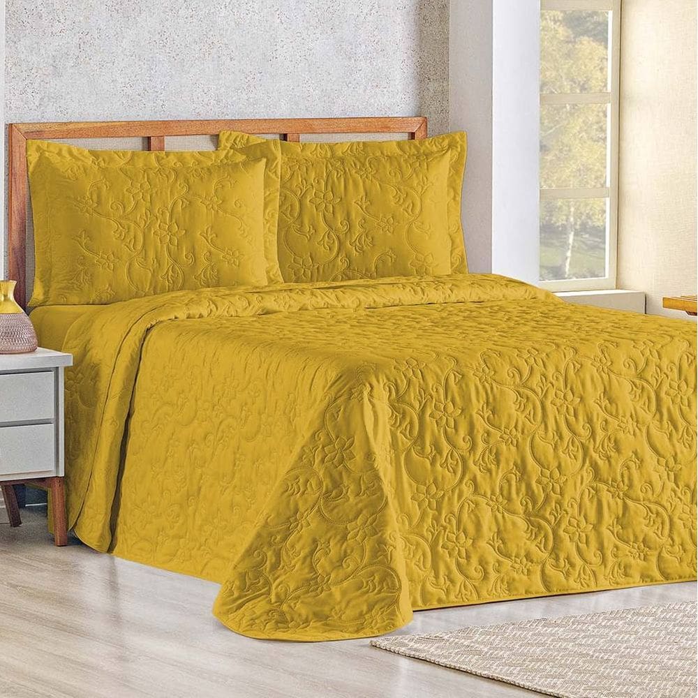 Cobre Leito Queen Bouti Mavie Floral 180 Fios 3 Peças - Açafrão