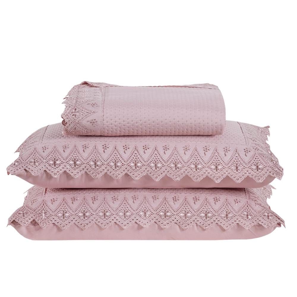 Colcha Queen Home Madrid com Bordado Inglês 300 Fios 3 Peças - Rose