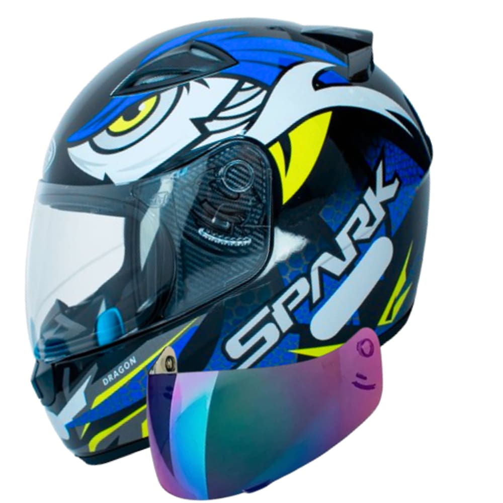 Capacete Ebf Spark Dragon Preto Azul Mais Viseira Camaleão